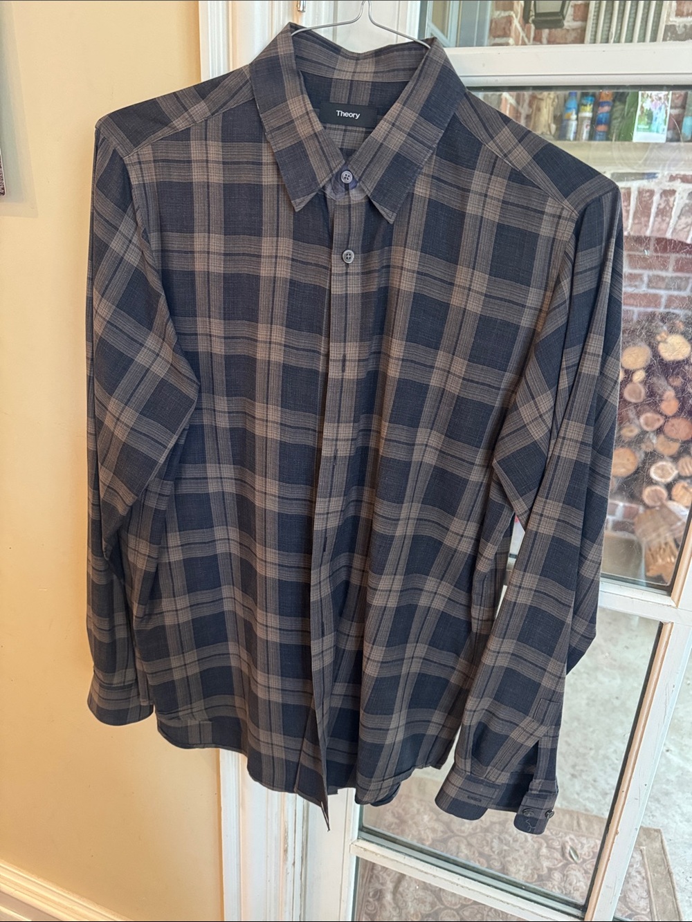 Theory Men’s Navy and Gray Plaid Button-Down Shirt- M